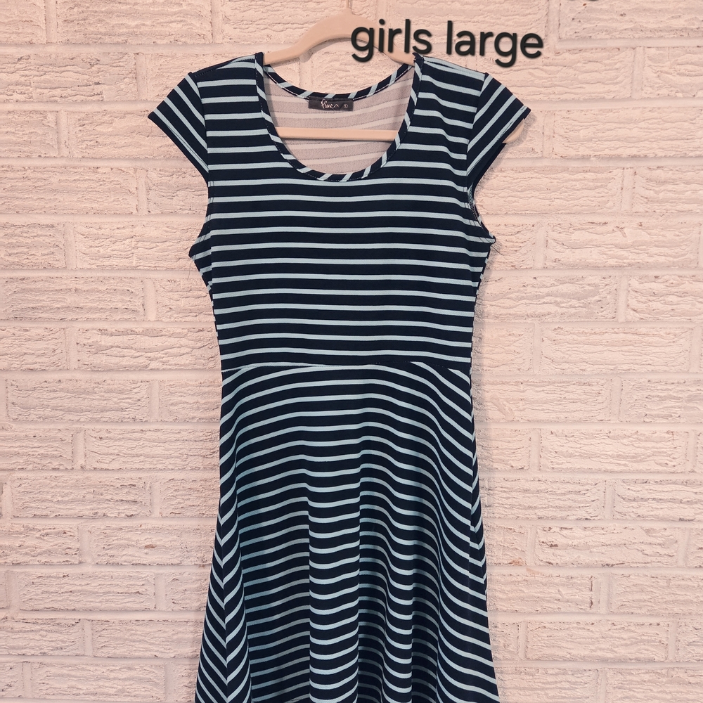 Girls Large Mint & Navy Striped Dress